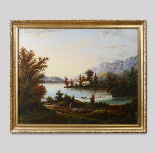 Pair of Landscape Paintings Depicting a View of a Lake with Sailboats, Figures a